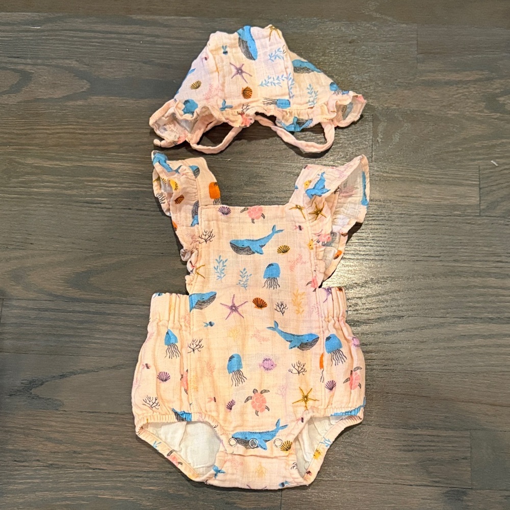 Pink Ocean Print Ruffled Baby One-Piece with Matching Sun Hat